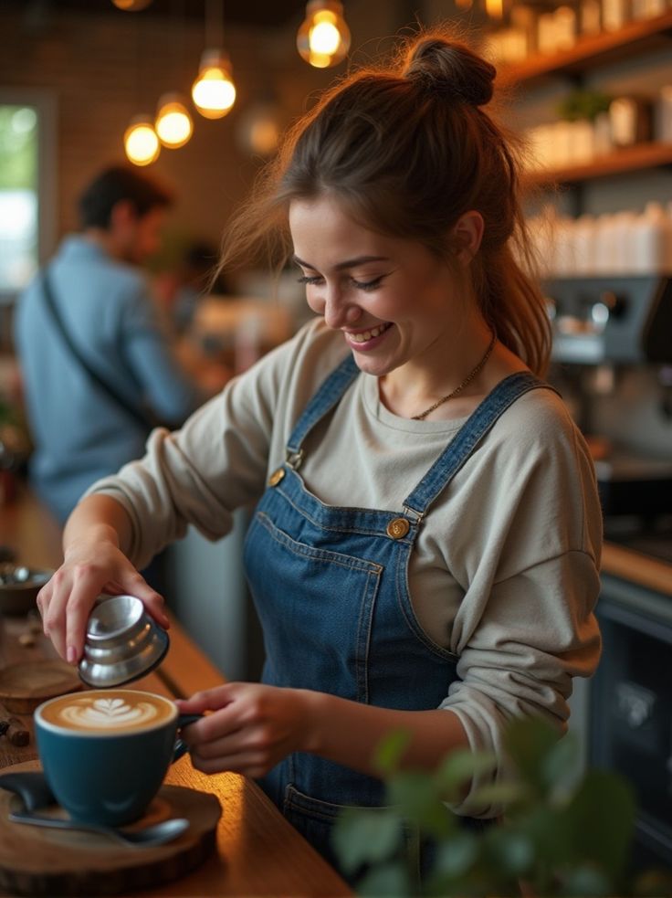 Ragazza sorridente mora un pò spettinata con grembiule che decora un cappuccino